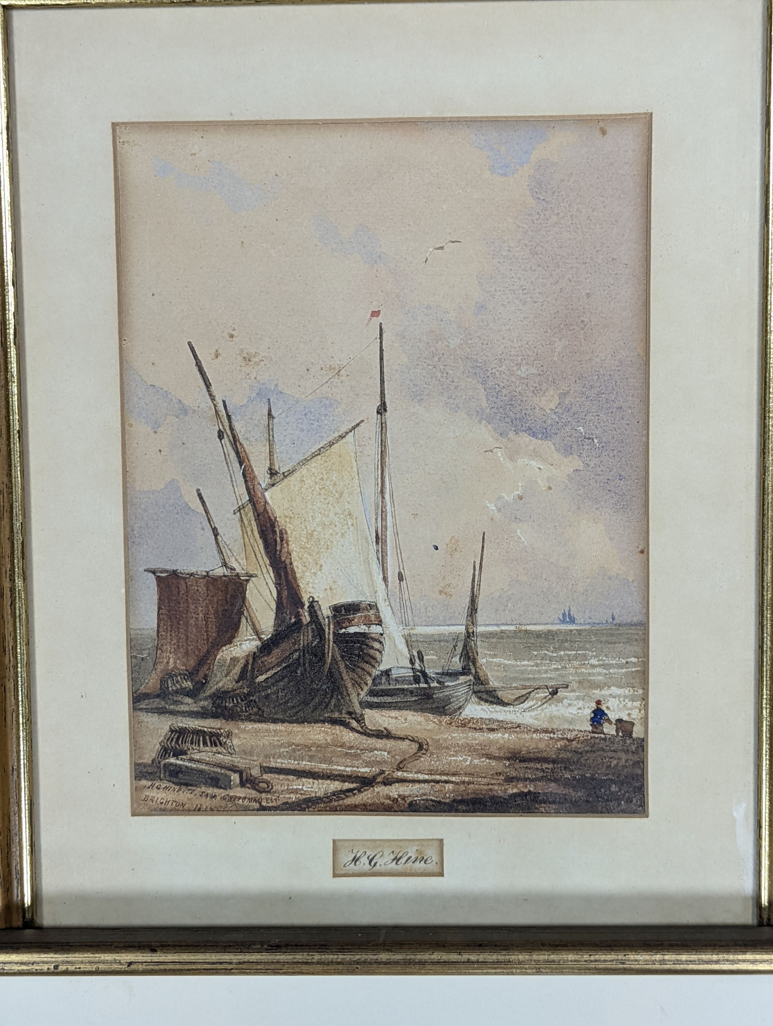 William Henry Earp (1831-1914), watercolour, View of the Brighton Chain Pier, signed, 16 x 25cm and and an Henry George Hine (1811-1895), sketch of fishing boats at Brighton, numbered 'HS Hine to Sam Cheesman (Brighton T